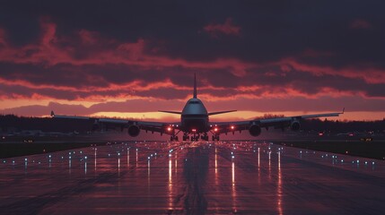 Obraz premium Sunset Departure: Jumbo Jet Silhouetted Against a Crimson Sky on a Rain-Slicked Runway