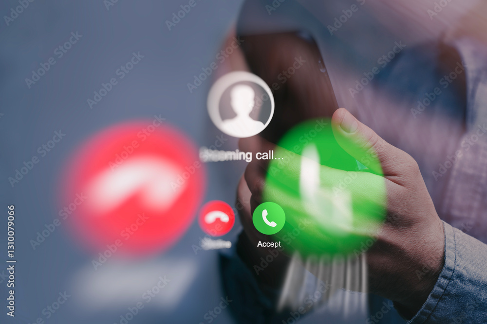Poster incoming call on smartphone screen. concept with blur and double exposure.