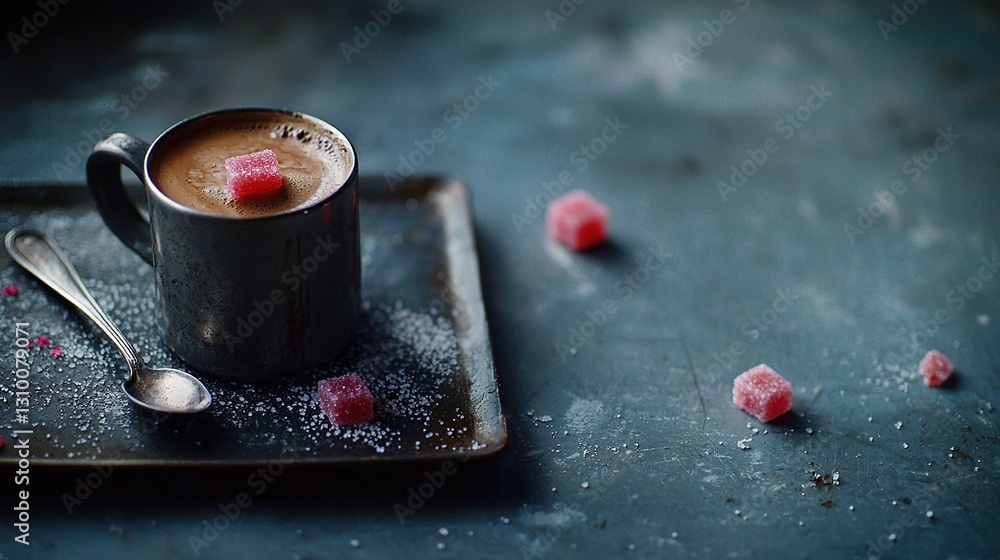 Poster a mug of steaming cocoa topped with fluffy marshmallows on a rectangular dish, served with two spoon