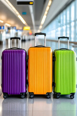 Three vibrant suitcases at an airport