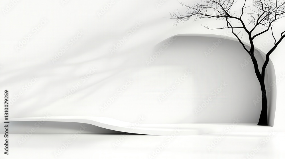 Poster minimalist abstract image featuring tree and flowing white structure, evoking tranquility and simpli