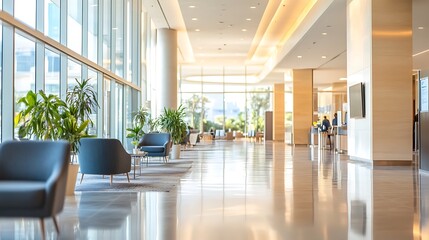 Lobby with seating, light, plants, and people blurred in the background
