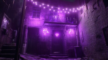 Fototapeta premium Urban Alleyway in Cyberpunk Glow: Neon Lights and Brick Facade