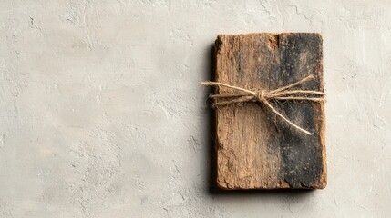rustic wooden tag tied with twine on textured gray background evokes sense of simplicity and natural beauty