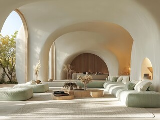 An airy modern living room with arched ceilings and natural light