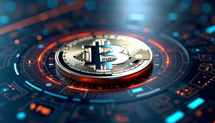 Digital representation of a bitcoin on a futuristic circuit design with glowing effects and intricate patterns