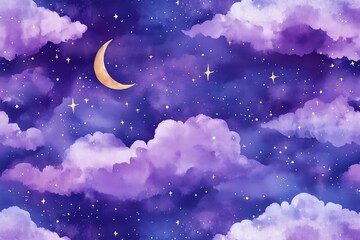 Watercolor Night Sky Seamless Pattern Clouds Stars Moon Purple Background