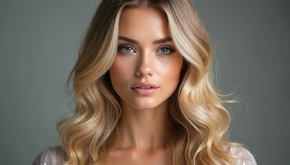 Naklejka premium Beauty blonde girl with long shiny wavy hair poses. Beautiful woman model with curly hairstyle. Face portrait. Fashion cosmetic care. Glamour salon service. Hairstyle, haircut inspiration.