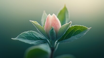 Fototapeta premium Close-up view of a blossoming flower bud with droplets on leaves in early morning light