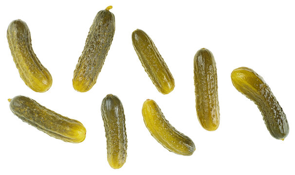 Collection of marinated pickled cucumbers isolated on a white background, view from above.