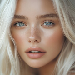 A close-up portrait of a young woman with icy blue eyes, platinum blonde hair, and radiant skin. Her soft freckles and natural beauty create a fresh, modern aesthetic.