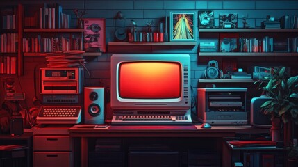 Vintage Computer Setup: Retro Tech Nostalgia in Red and Blue Hue