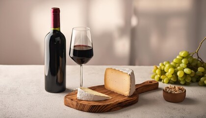 Naklejka premium Exquisite Wine Beneath Soft Cheese Board and Crystal Glass on a Minimalist Light Table, Elevating the Aesthetic of Artful Food Presentation in an Intimate Setting.