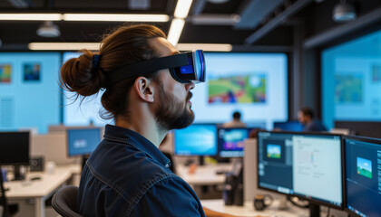 Entrepreneur testing augmented reality app in modern tech lab, innovation