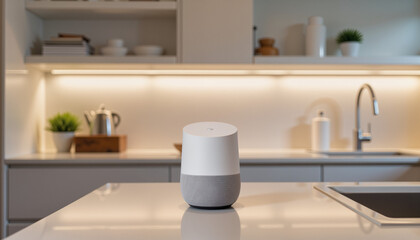 Sleek virtual assistant device on modern kitchen counter, smart living