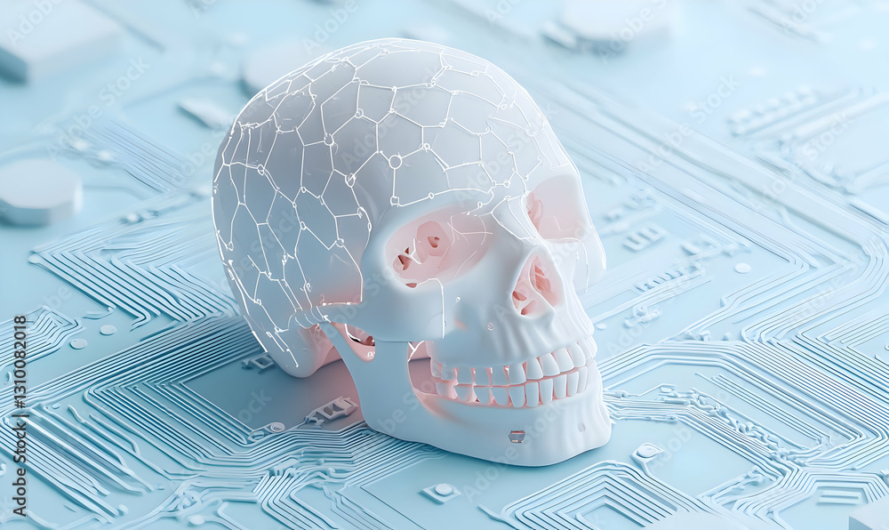 Poster futuristic skull on circuit board with hexagonal pattern design