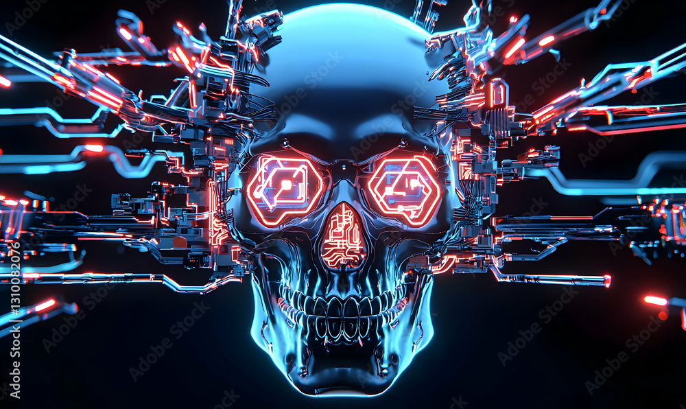 Poster futuristic cyber skull with neon lights and circuit patterns