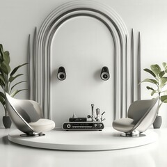 modern home theater setup featuring sleek chairs, speakers, and plants, creating stylish and inviting atmosphere