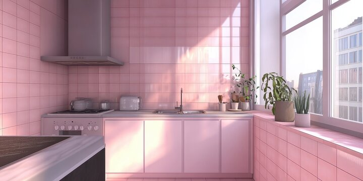 A modern kitchen interior showcases pink tiles and sunlight streams