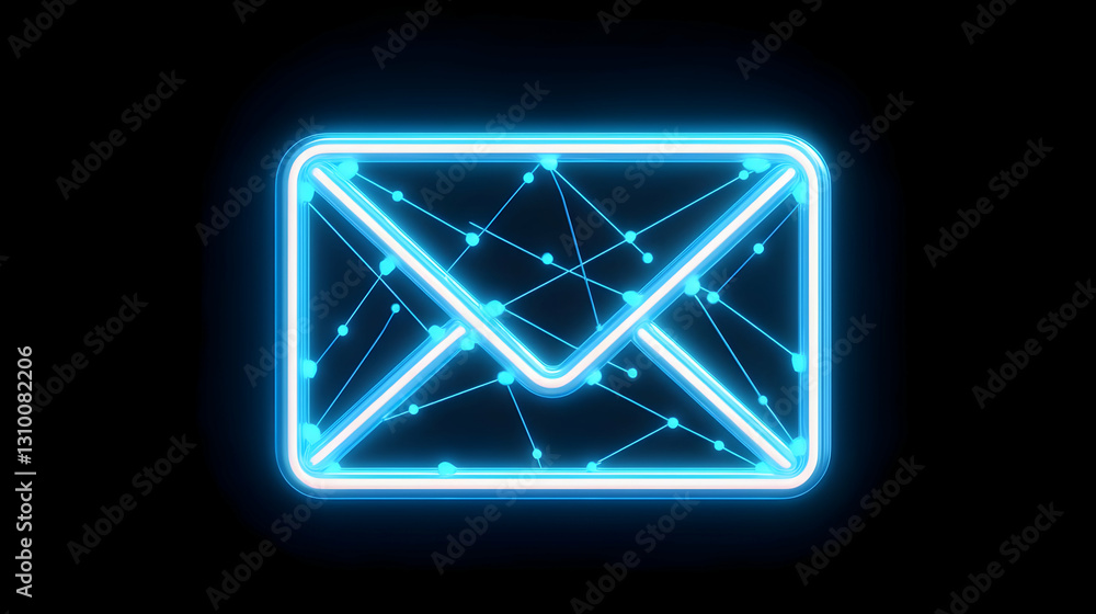 Poster neon email icon with connected network design on dark background