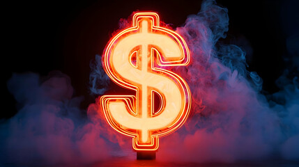 Neon Dollar Sign on Dark Background with Colorful Smoke Effects