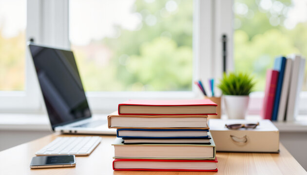 Organized desk with colorful books in modern home office, productivity