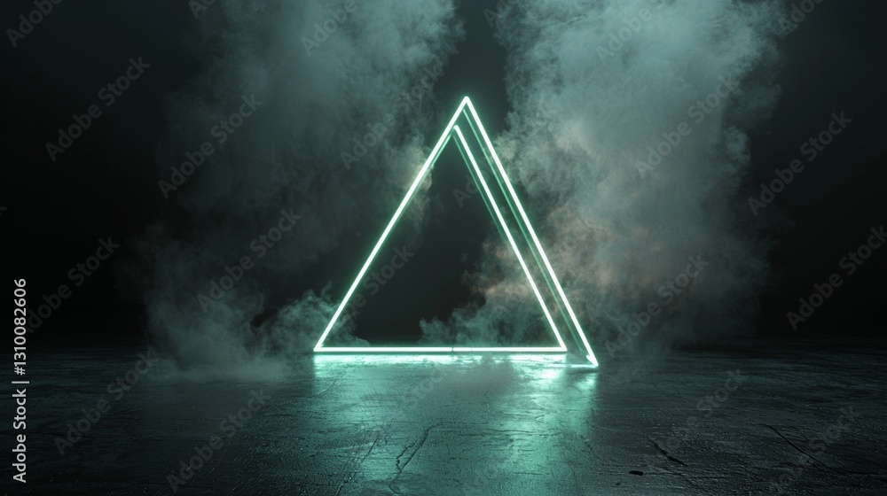Poster a 3d rendering features an abstract green neon background with a triangular shape, accompanied by la