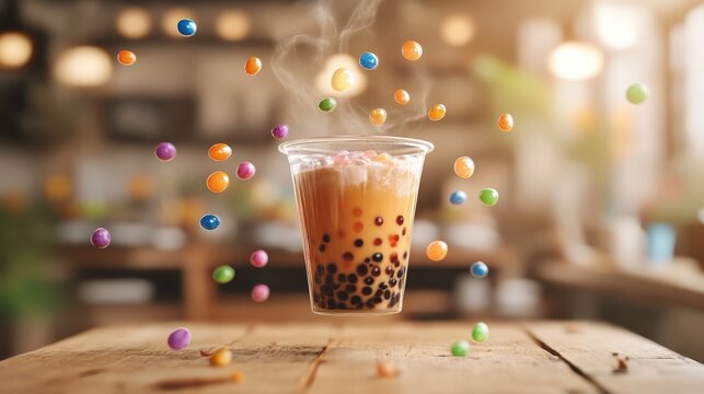 vibrant boba tea cup levitates above wooden table, surrounded by colorful toppings, creating whimsical and inviting atmosphere