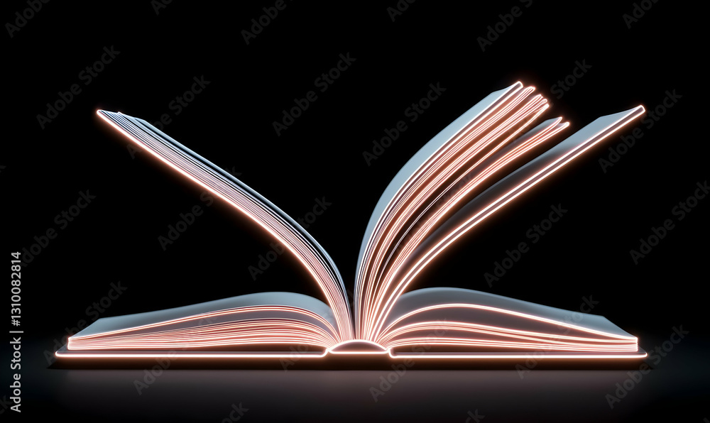 Poster lighted open book with pages flowing in dark background