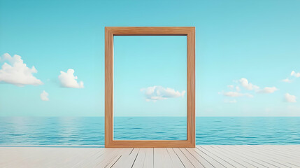 Wooden Frame Overlooking Tranquil Sea and Clear Sky at Dusk