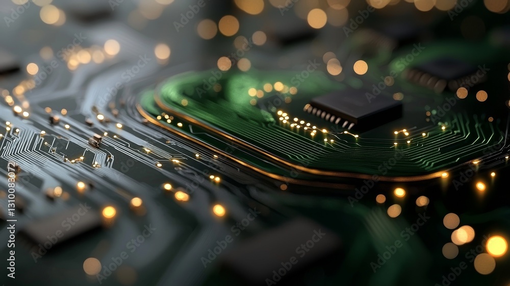 Poster a 3d rendering features an abstract background with a microchip illuminated by a green neon fluoresc