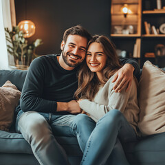 Obraz premium Happy young couple relaxing on a cozy couch, hugging, laughing, and enjoying quality time together. A heartwarming moment of love, romance, and relaxation in a warm and comfortable home setting