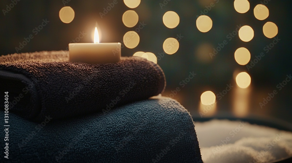 Poster a lit candle placed on top of a folded towel resting atop a table alongside a stack of folded towels