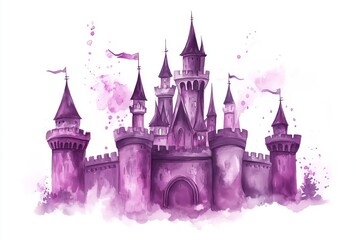 Obraz premium Watercolor pink Magic Castle Isolated on White Background 