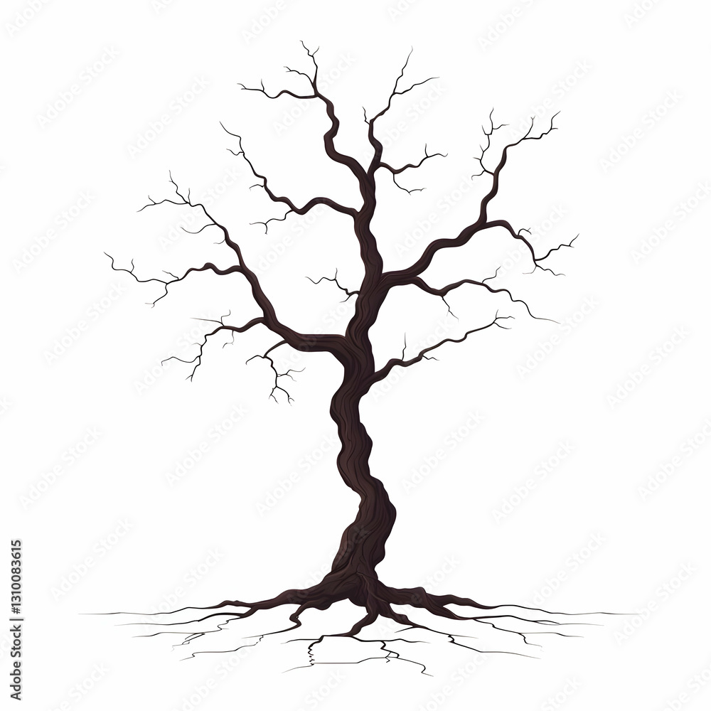 Poster dark and gnarled tree with twisted branches on white background