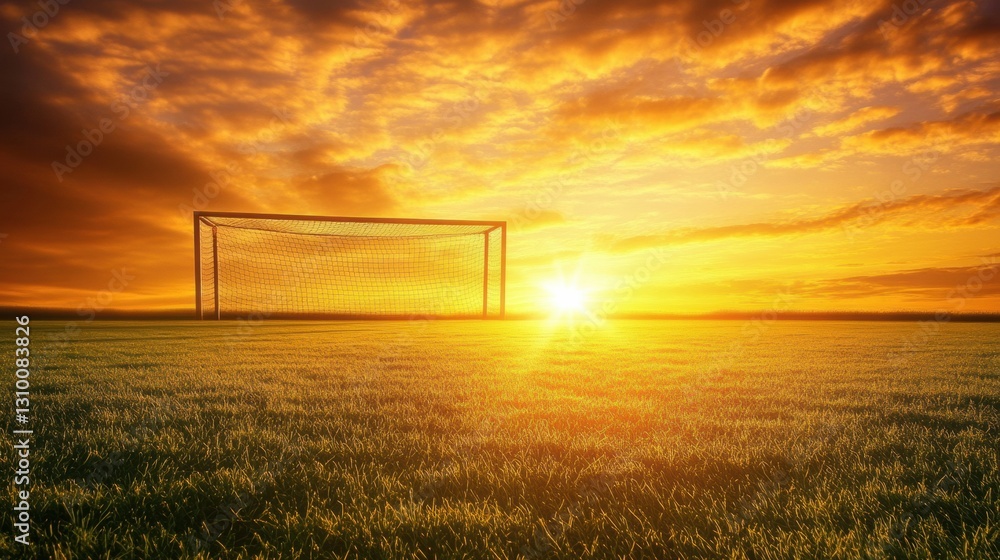Aufkleber Golden sunlight illuminates soccer field at sunrise with long shadows and peaceful cloud patterns Generative AI