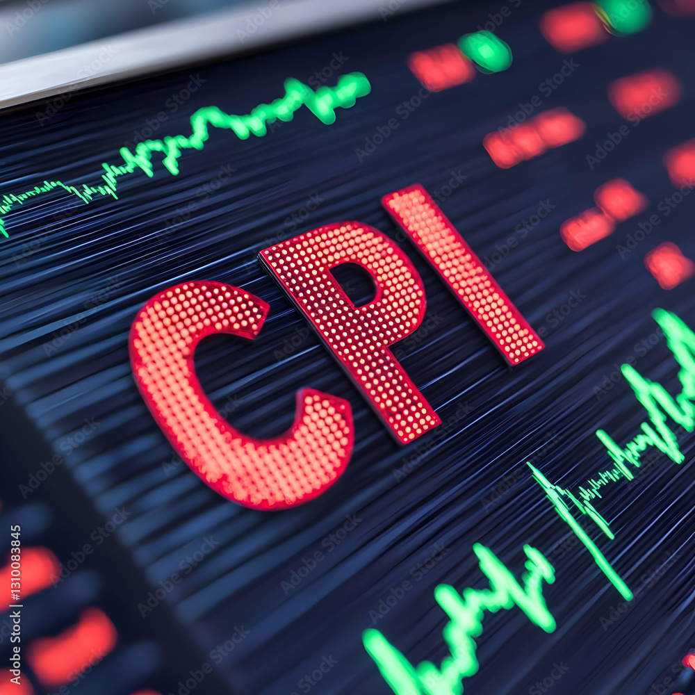 Poster red and green graph data indicators with financial metrics on screen