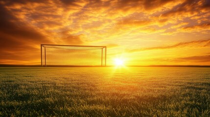 Golden sunlight illuminates soccer field at sunrise with long shadows and peaceful cloud patterns Generative AI
