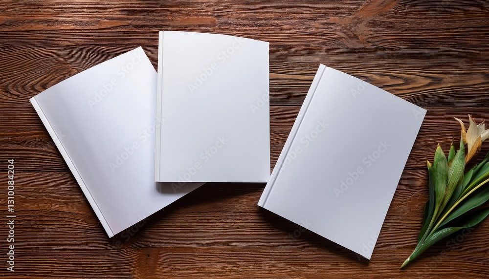 Poster minimalistic brochures resting on a rustic wooden background, showcasing a top view in a timeless sc