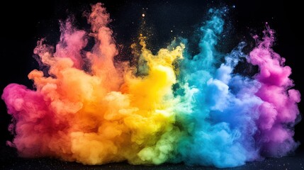 Chromatic Cloud Burst: Vibrant Rainbow Powder Explosion on Dark Backdrop, Abstract Art