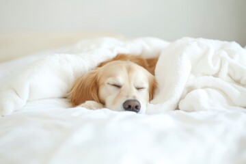 Obraz premium Serene Sleep - Peaceful Golden Retriever Resting in Cozy Bedroom Bed with Soft Blanket and White DÃ©cor