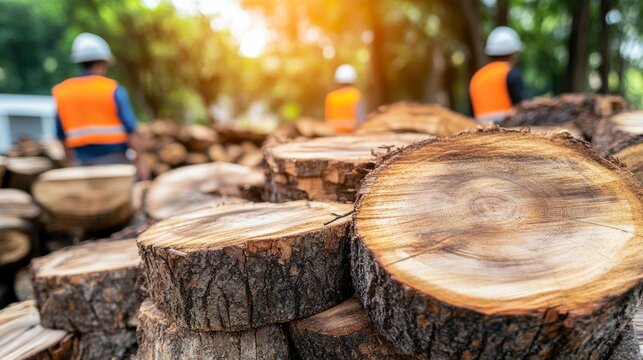 Stacked wood logs in a forest are the backdrop for workers in safety gear having a discussion about timber operations on a sunny day