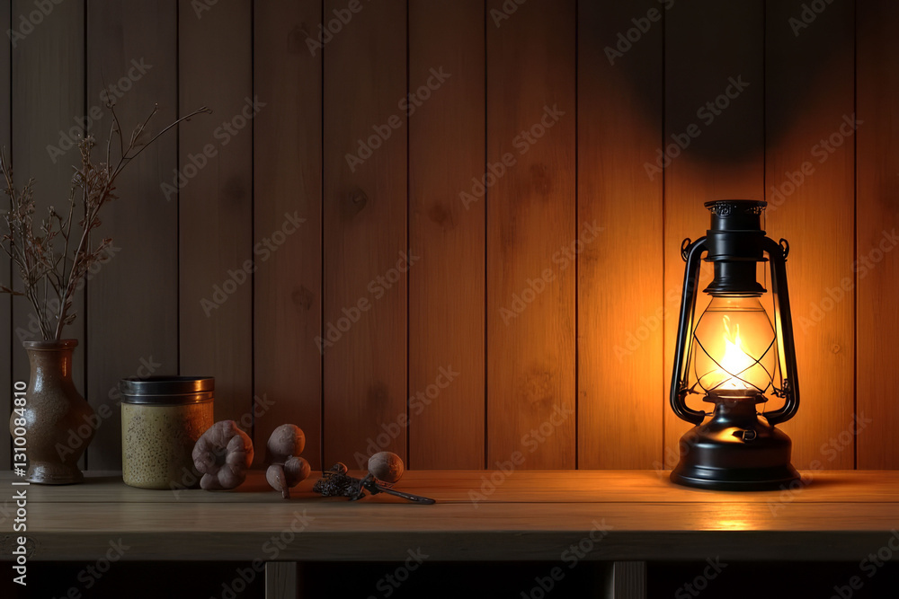 Poster a lantern is lit on a shelf in a dimly lit room. the lantern casts a warm glow, creating a cozy and 