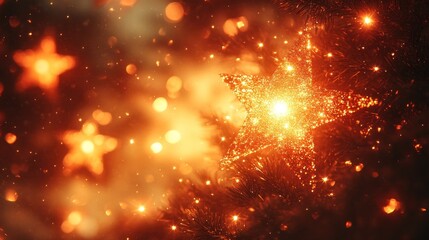 Golden star Christmas tree ornament, bokeh lights, festive background