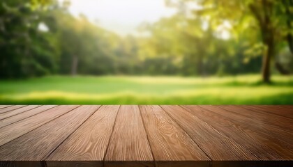 Elegant Brown Wooden Table Set Amidst Blurred Greenery Serene Nature Backdrop Infused with the Calm of Trees, Grass, and Open Spaces, Perfect for Modern Home Decor or Minimalist Art.