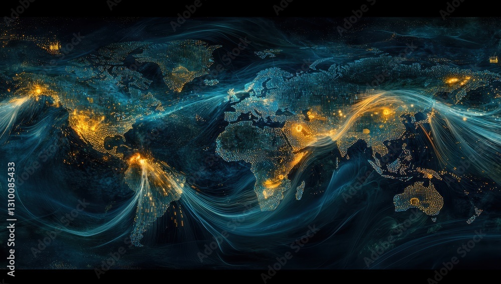 Poster vivid world map illustration with bright lights and abstract swirls representing global connections 
