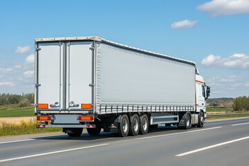 On the highway, a cargo truck is hauling a white, empty trailer