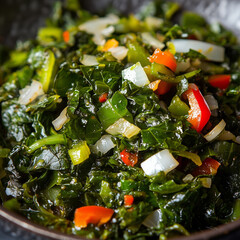 Close-up of callaloo, highlighting the tender, wilted greens glistening with coconut milk, with finely chopped onions and peppers adding vibrant color and texture