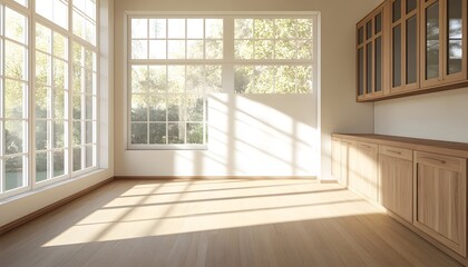 Obraz premium Sunlit Room with Large Windows and Wooden Cabinets