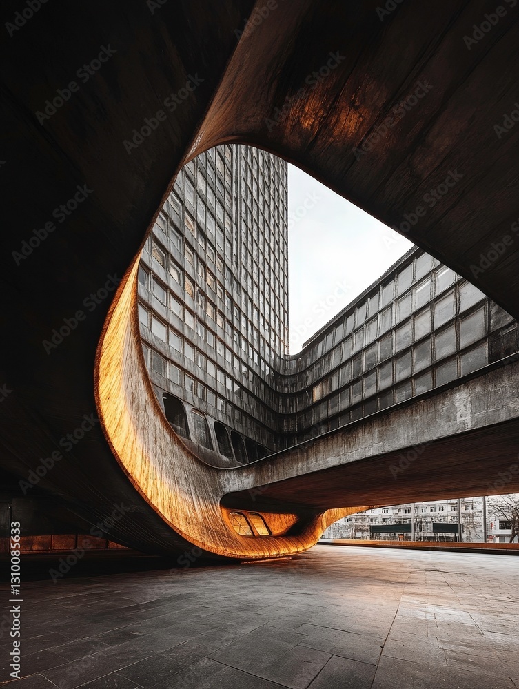 Poster striking view of tall, brutalist building with unique leaf shape, showcasing modern architecture and